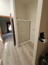 Bathroom with a shower with door and hardwood / wood-style floors