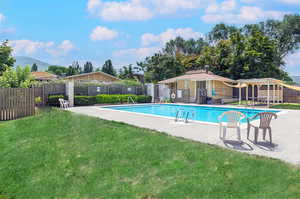 View of pool featuring a yard and a patio area