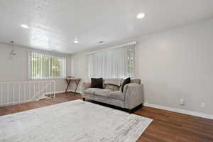 Living room featuring dark wood-type flooring