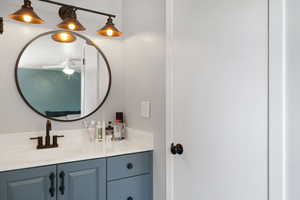 Bathroom with vanity and ceiling fan