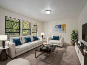 View of carpeted living roomVIRTUALY STAGED