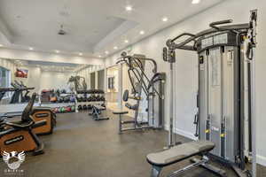 Exercise room with a tray ceiling