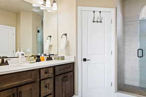 Bathroom with double sink vanity and an enclosed shower