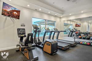 Exercise room featuring a raised ceiling