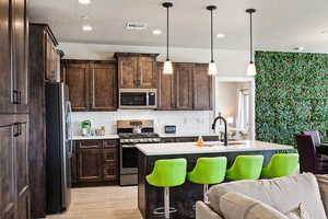 Kitchen with appliances with stainless steel finishes, sink, hanging light fixtures, dark brown cabinetry, and decorative backsplash