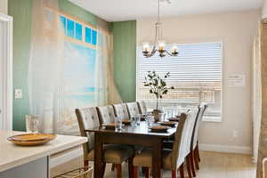 Dining space featuring light hardwood / wood-style flooring and a chandelier