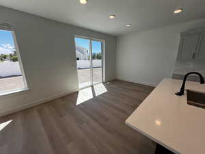 Unfurnished dining area featuring sink, a healthy amount of sunlight, and wood-type flooring