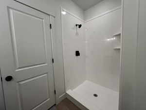 Bathroom with walk in shower and wood-type flooring