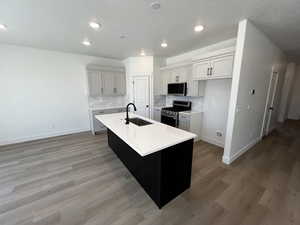 Kitchen featuring appliances with stainless steel finishes, decorative backsplash, light wood-type flooring, and sink