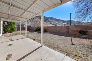 View of patio featuring a mountain view