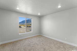 Carpeted spare room featuring a mountain view and a healthy amount of sunlight