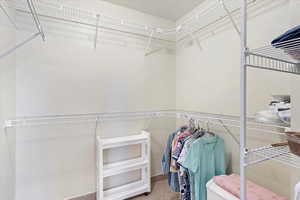 Walk in closet with space-saver shelving.