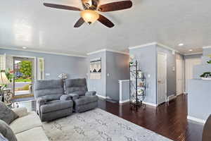 Spacious family room featuring ceiling fan, a textured ceiling, hardwood floors, plantation shutters and crown molding.