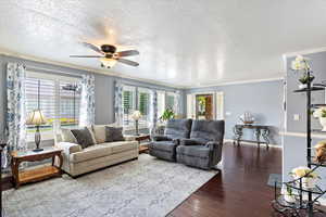 Spacious family room featuring ceiling fan, a textured ceiling, hardwood floors, plantation shutters and crown molding.