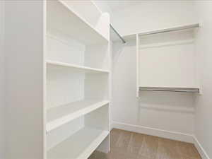 Walk in closet featuring light carpet