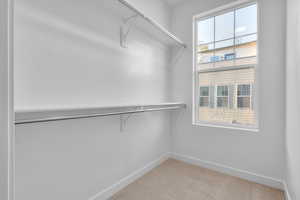 Spacious closet featuring light colored carpet