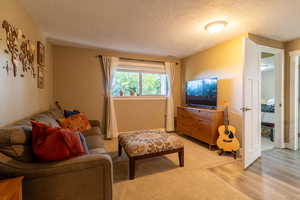 Living room featuring light wood-type flooring and a textured ceiling