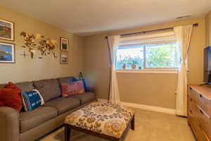 Carpeted living room featuring a textured ceiling