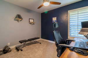 Home office featuring carpet floors and ceiling fan