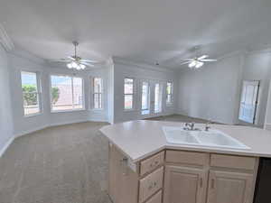 Kitchen featuring ceiling fan, sink, light carpet, a center island with sink, and ornamental molding