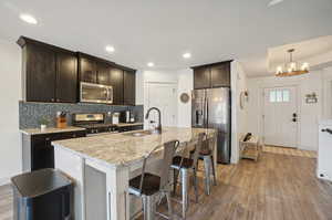 Kitchen featuring sink, appliances with stainless steel finishes, light wood-type flooring, and tasteful backsplash