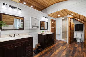 Bathroom featuring wood ceiling, hardwood / wood-style floors, wood walls, toilet, and vanity