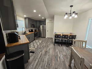 Kitchen with butcher block counters, hardwood / wood-style floors, appliances with stainless steel finishes, sink, and gray cabinetry