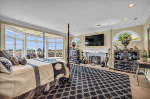 Master Bedroom with ornamental molding, multiple windows, carpet flooring, and a high end fireplace