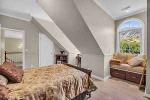 Bedroom featuring an inviting chandelier, crown molding, vaulted ceiling, and light hardwood / wood-style floors