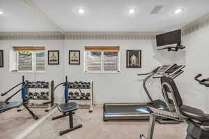 Workout room with crown molding and carpet floors