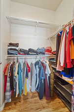 Walk in closet with light hardwood / wood-style flooring