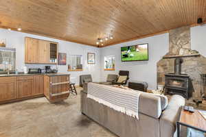 Living room featuring sink, a wood stove, rail lighting, and wooden ceiling