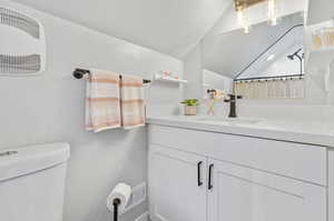 Bathroom featuring vaulted ceiling, vanity, and toilet, Perfect teenage shower