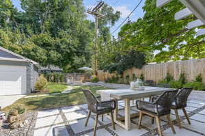 View of patio with a garage