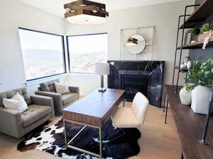 Living room with a premium fireplace and light hardwood / wood-style floors