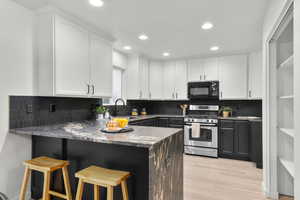 Kitchen with gas stove, sink, white cabinets, and kitchen peninsula