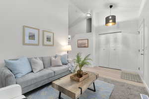 Living room featuring high vaulted ceiling and light hardwood / wood-style flooring