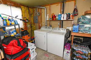 Clothes washing area featuring separate washer and dryer and electric panel