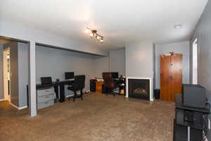 Carpeted office featuring rail lighting