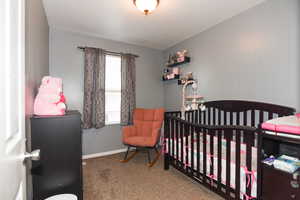 Carpeted bedroom featuring a nursery area