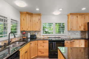 Kitchen with decorative backsplash, sink, range with electric stovetop, dark stone countertops, and black dishwasher