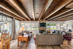 Living room featuring beam ceiling, a fireplace, a wealth of natural light, and wooden ceiling