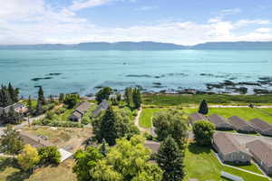 Bird's eye view with a water and mountain view