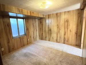 Carpeted empty room with wooden walls