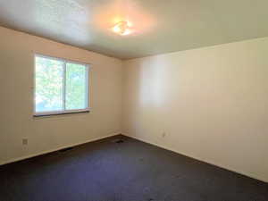 Empty room featuring carpet and a textured ceiling