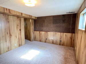 Spare room featuring carpet flooring and wooden walls