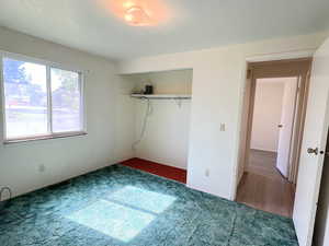 Unfurnished bedroom featuring carpet flooring and a closet