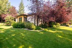 Concrete curbing and lush mature landscaping.