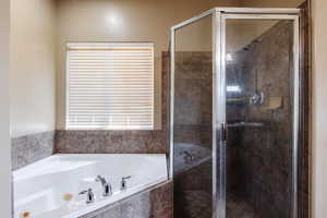 Bathroom featuring shower with separate bathtub and a wealth of natural light