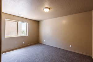 Spare room featuring carpet flooring and a textured ceiling